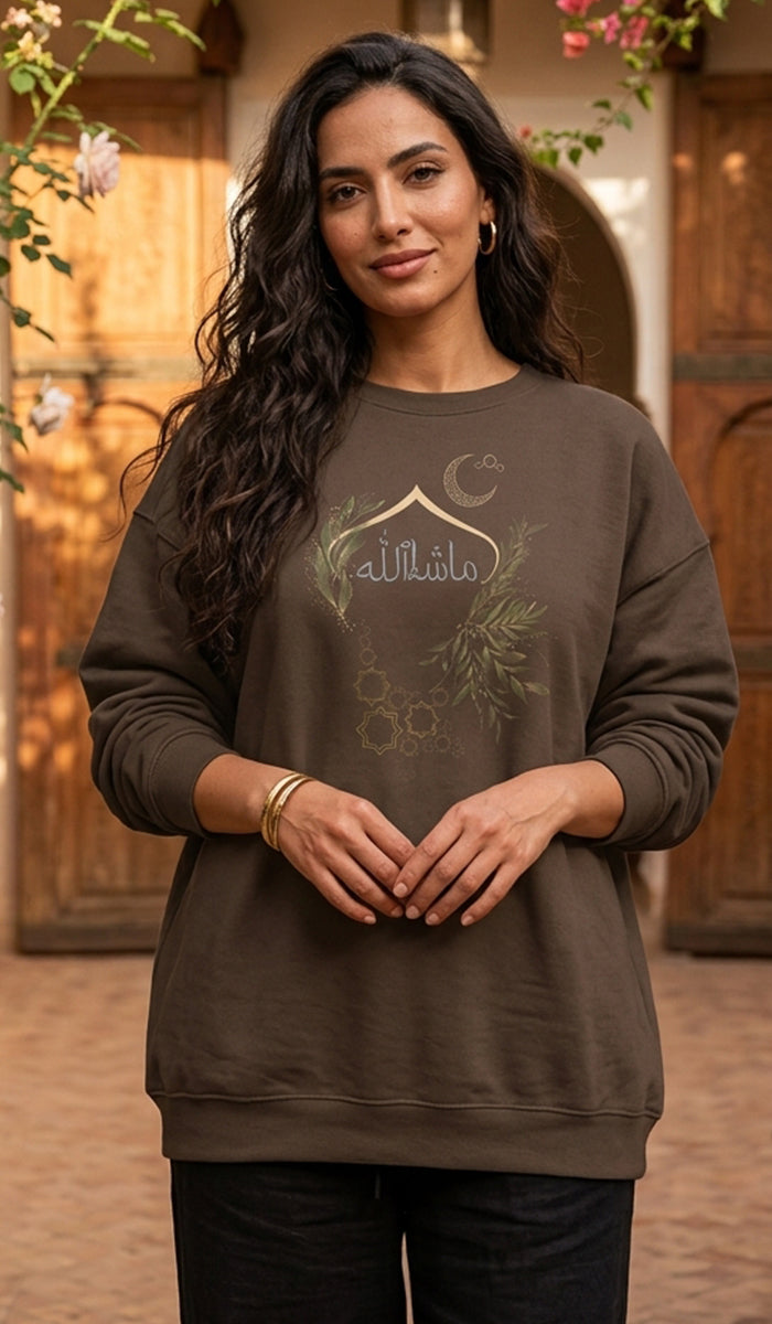 Eco-Friendly Olive and Crescent Arabic Calligraphy Crewneck Pullover Sweatshirt - Masha  Allah (Praise)