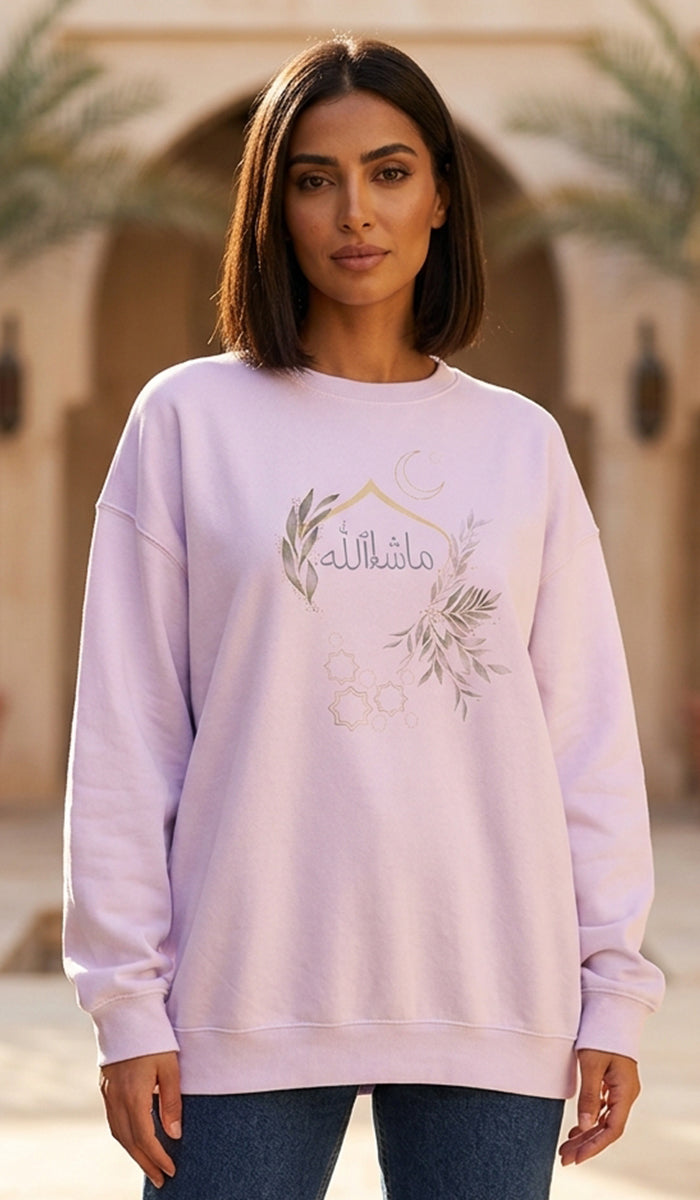 Eco-Friendly Olive and Crescent Arabic Calligraphy Crewneck Pullover Sweatshirt - Masha  Allah (Praise)