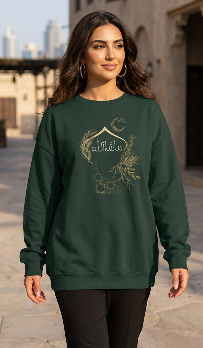 Eco-Friendly Olive and Crescent Arabic Calligraphy Crewneck Pullover Sweatshirt - Masha  Allah (Praise)