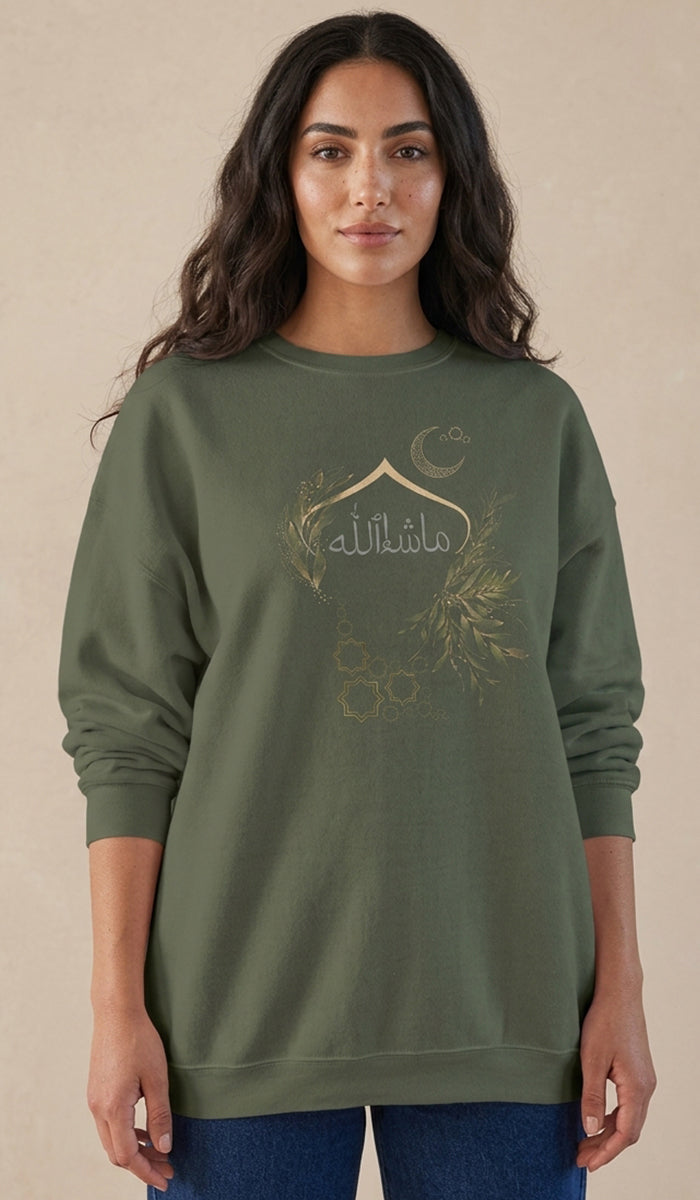 Eco-Friendly Olive and Crescent Arabic Calligraphy Crewneck Pullover Sweatshirt - Masha  Allah (Praise)