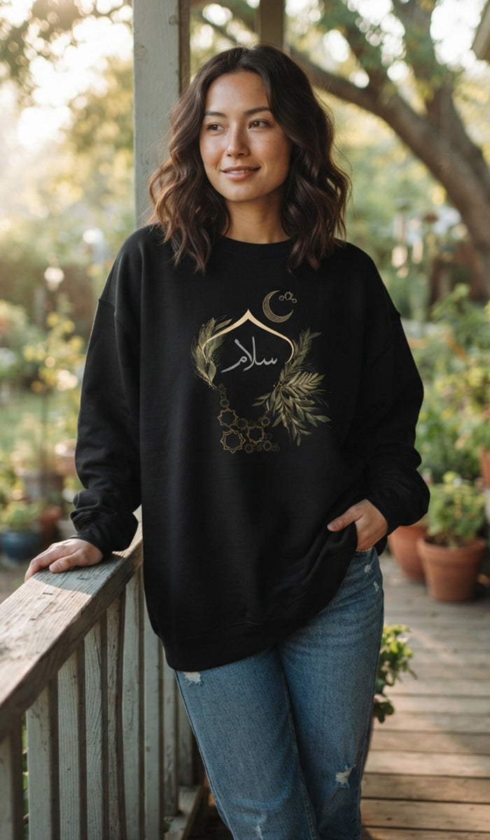 Eco-Friendly Olive and Crescent Arabic Calligraphy Crewneck Pullover Sweatshirt - Salam (Peace)