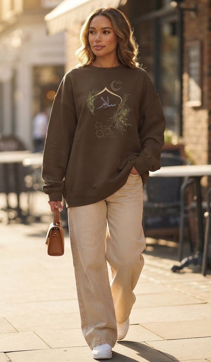 Eco-Friendly Olive and Crescent Arabic Calligraphy Crewneck Pullover Sweatshirt - Salam (Peace)