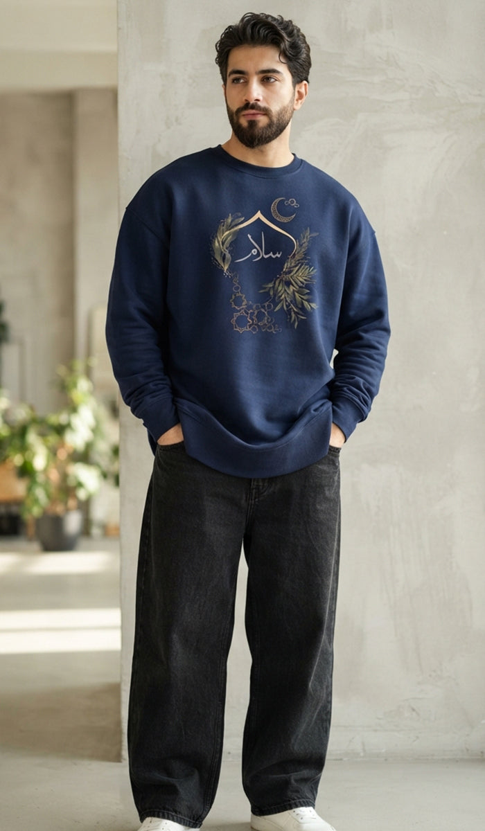Eco-Friendly Olive and Crescent Arabic Calligraphy Crewneck Pullover Sweatshirt - Salam (Peace)