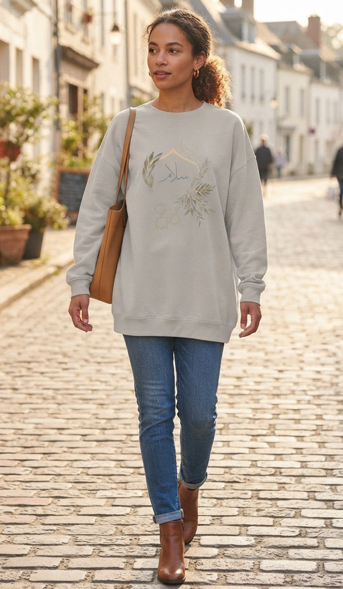 Eco-Friendly Olive and Crescent Arabic Calligraphy Crewneck Pullover Sweatshirt - Salam (Peace)