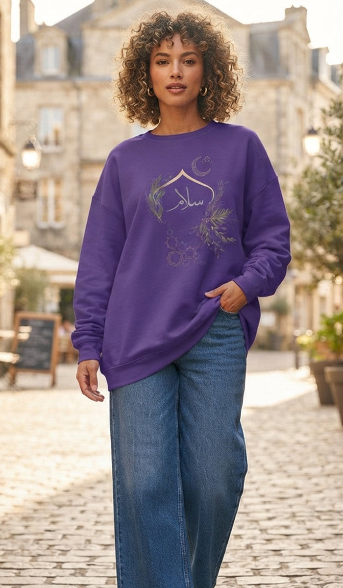 Eco-Friendly Olive and Crescent Arabic Calligraphy Crewneck Pullover Sweatshirt - Salam (Peace)
