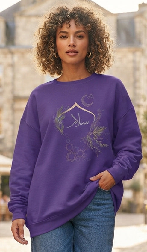 Eco-Friendly Olive and Crescent Arabic Calligraphy Crewneck Pullover Sweatshirt - Salam (Peace)