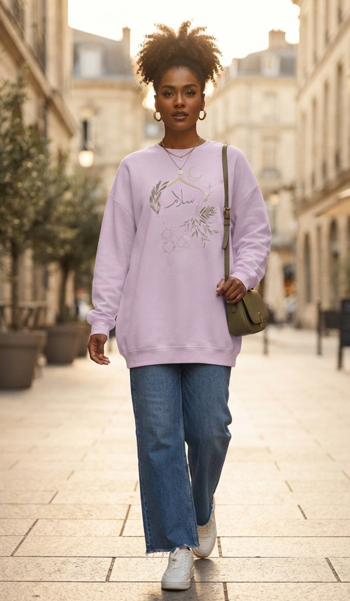 Eco-Friendly Olive and Crescent Arabic Calligraphy Crewneck Pullover Sweatshirt - Salam (Peace)