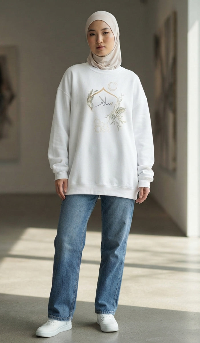 Eco-Friendly Olive and Crescent Arabic Calligraphy Crewneck Pullover Sweatshirt - Salam (Peace)