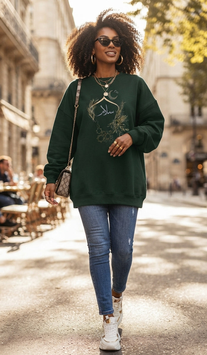 Eco-Friendly Olive and Crescent Arabic Calligraphy Crewneck Pullover Sweatshirt - Salam (Peace)