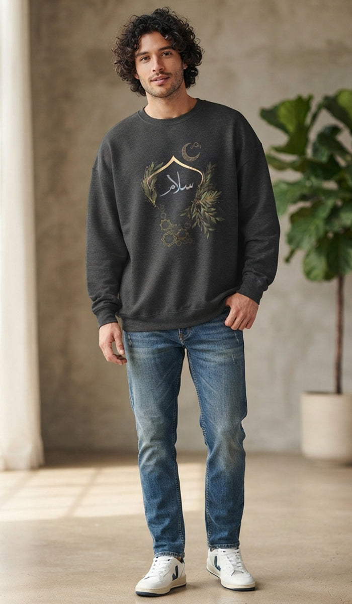 Eco-Friendly Olive and Crescent Arabic Calligraphy Crewneck Pullover Sweatshirt - Salam (Peace)