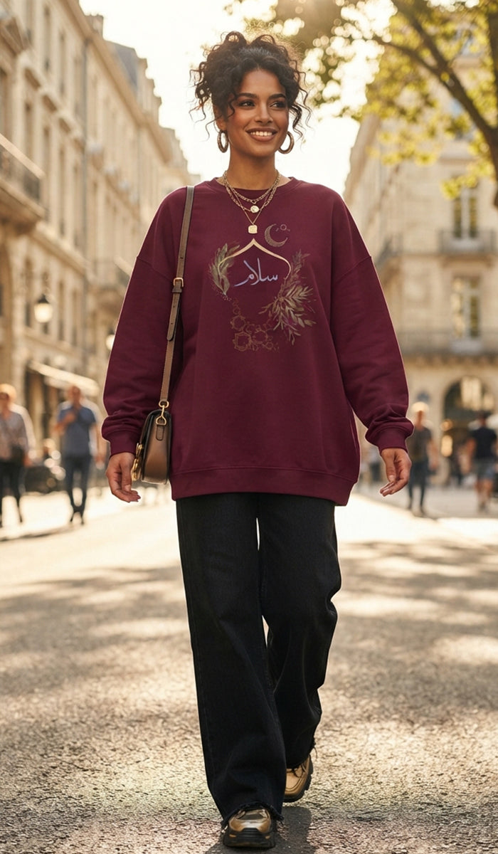 Eco-Friendly Olive and Crescent Arabic Calligraphy Crewneck Pullover Sweatshirt - Salam (Peace)