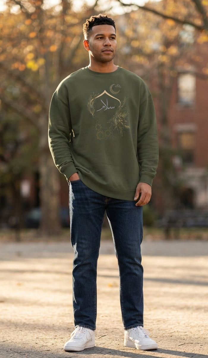 Eco-Friendly Olive and Crescent Arabic Calligraphy Crewneck Pullover Sweatshirt - Salam (Peace)
