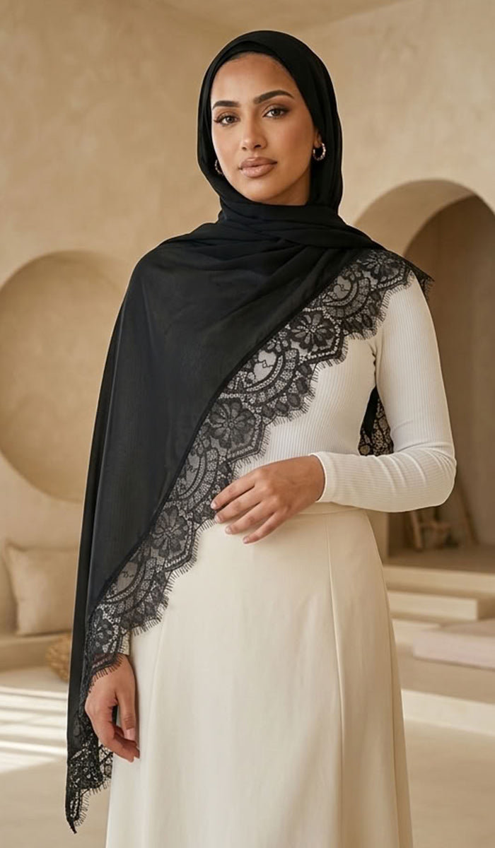 Élan Luxe Lace Trim Modal Wrap Hijab Scarf - Black