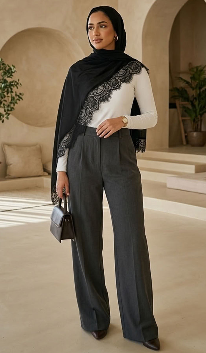 Élan Luxe Lace Trim Modal Wrap Hijab Scarf - Black