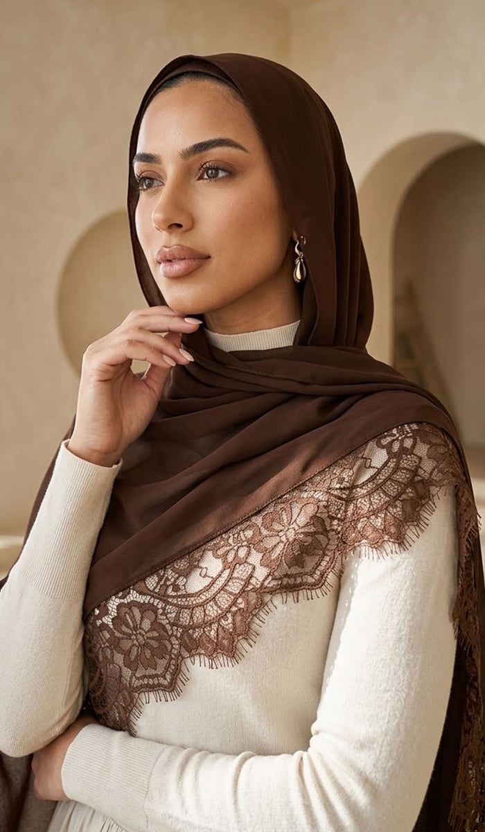 Élan Luxe Lace Trim Modal Wrap Hijab Scarf - Cocoa