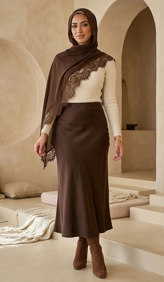 Élan Luxe Lace Trim Modal Wrap Hijab Scarf - Cocoa