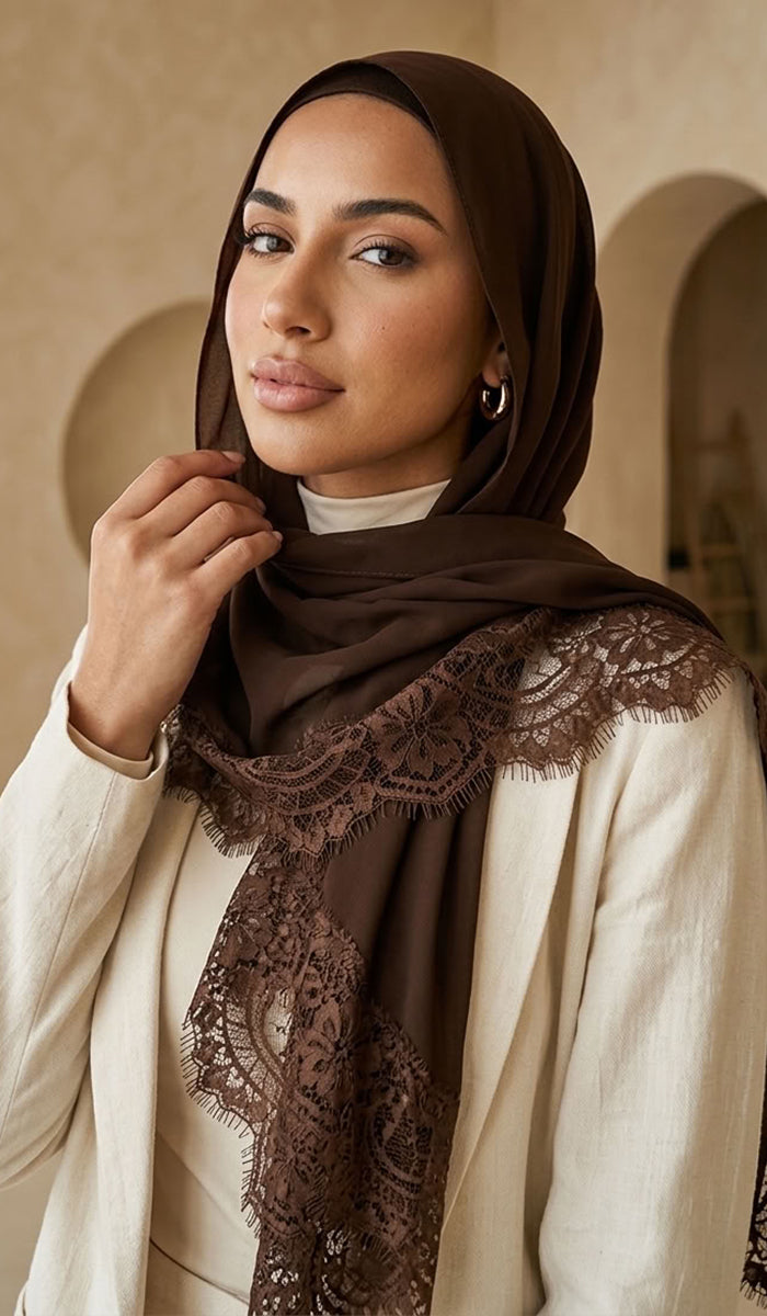 Élan Luxe Lace Trim Modal Wrap Hijab Scarf - Cocoa