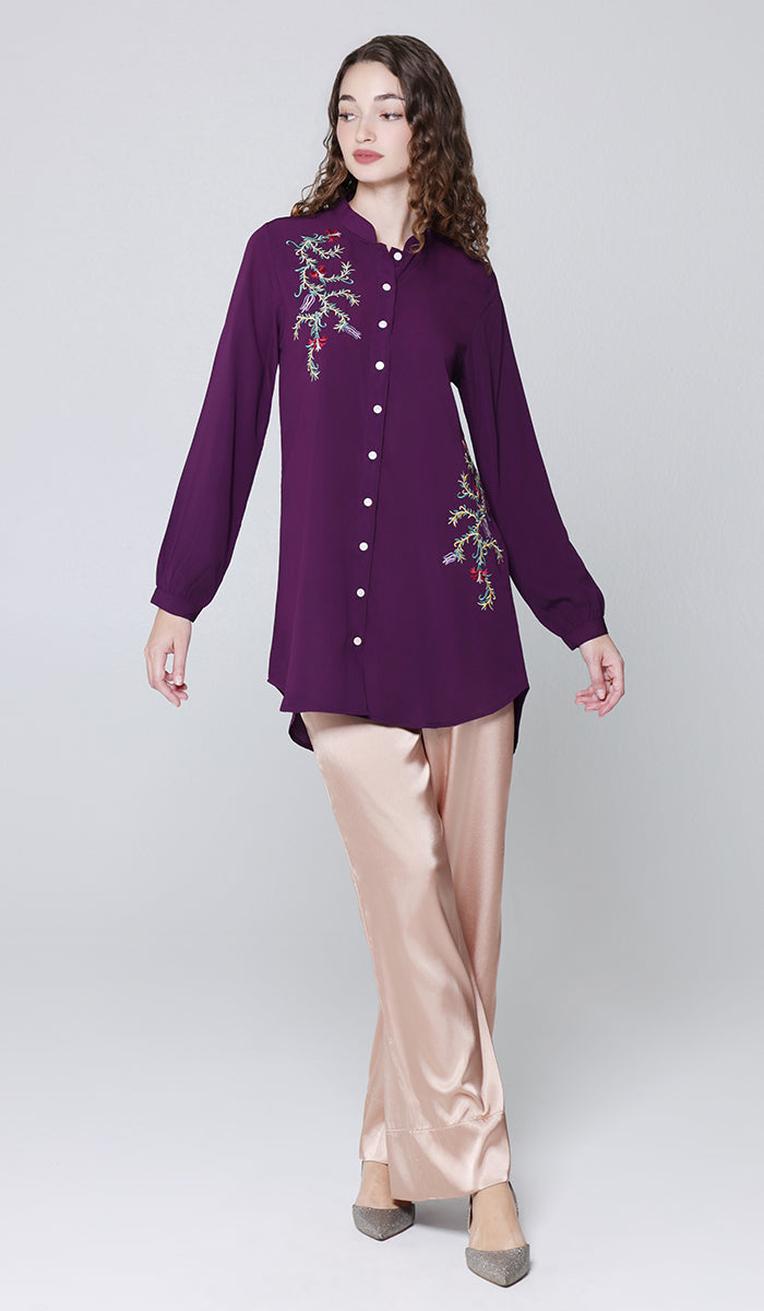Elif Embroidered Formal Long Modest Tunic - Plum - PREORDER (ships in 2 weeks)