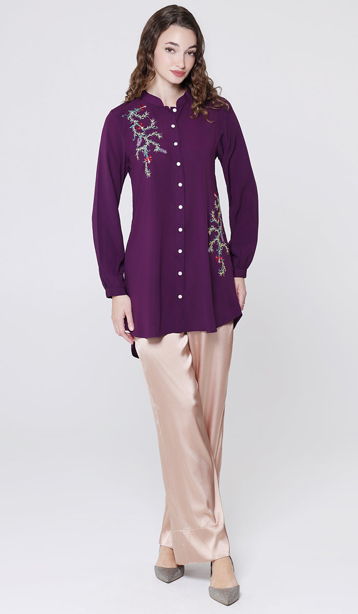 Elif Embroidered Formal Long Modest Tunic - Plum - PREORDER (ships in 2 weeks)