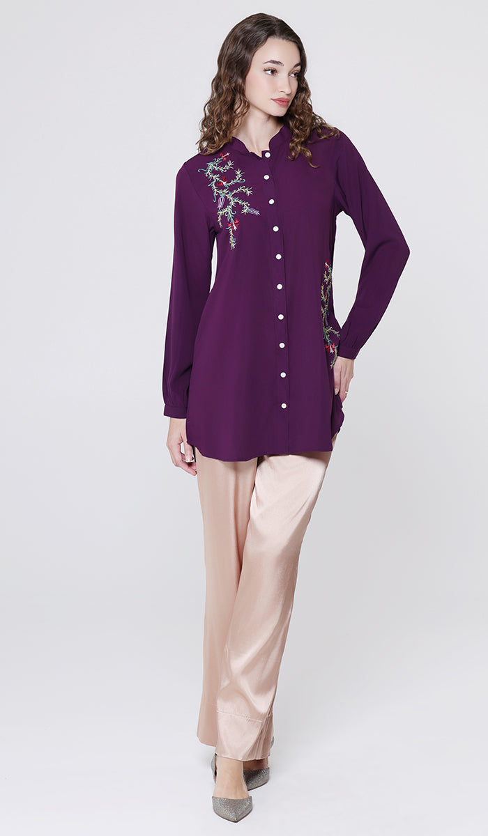Elif Embroidered Formal Long Modest Tunic - Plum - PREORDER (ships in 2 weeks)