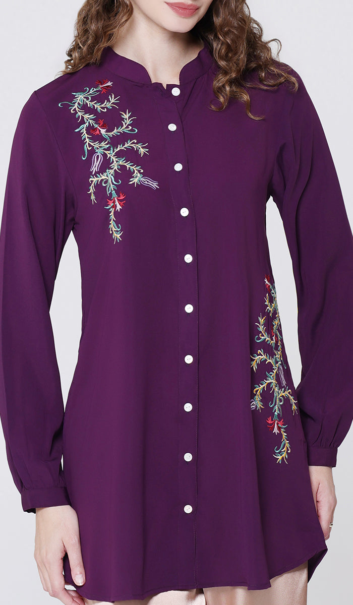 Elif Embroidered Formal Long Modest Tunic - Plum - PREORDER (ships in 2 weeks)