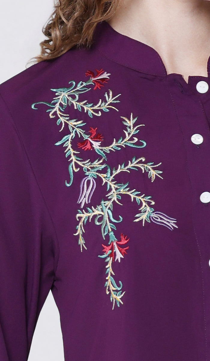 Elif Embroidered Formal Long Modest Tunic - Plum - PREORDER (ships in 2 weeks)