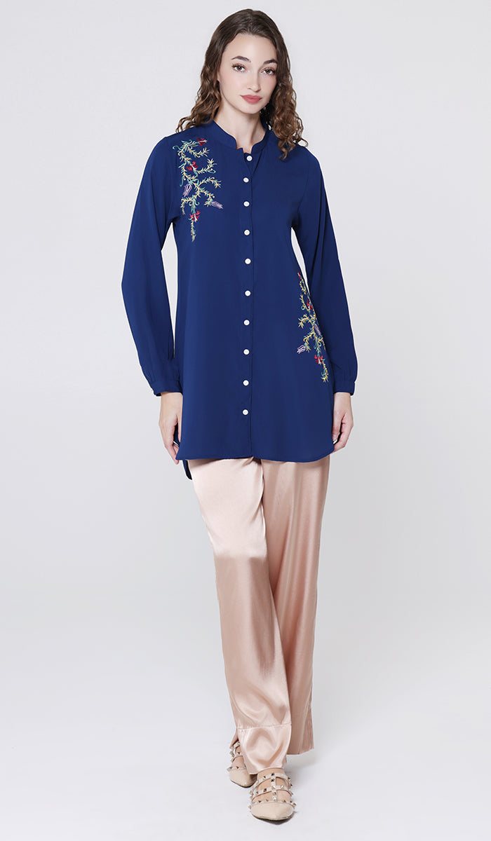 Elif Embroidered Formal Long Modest Tunic - Sapphire - PREORDER (ships in 2 weeks)