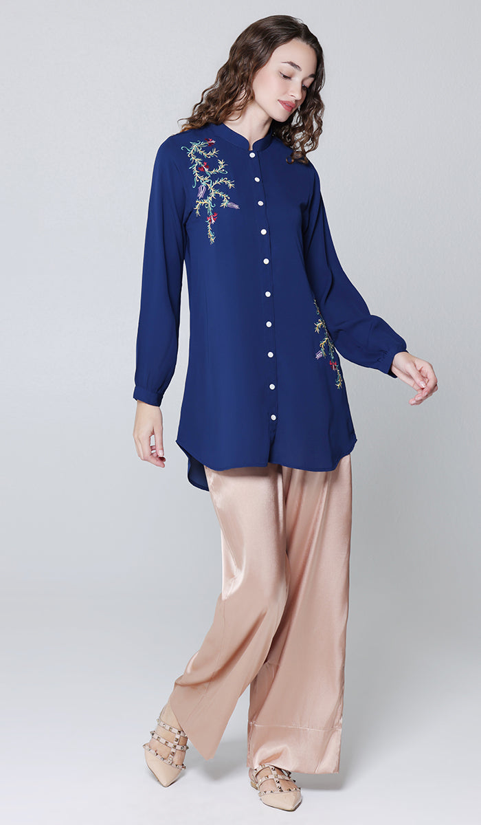Elif Embroidered Formal Long Modest Tunic - Sapphire - PREORDER (ships in 2 weeks)