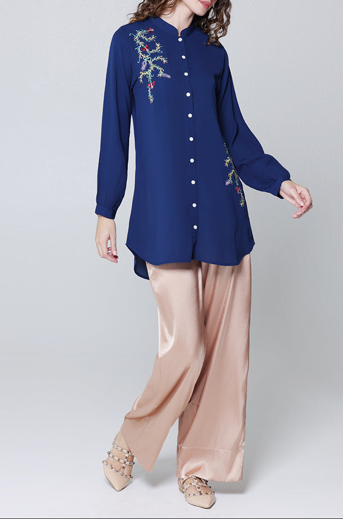 Elif Embroidered Formal Long Modest Tunic - Sapphire