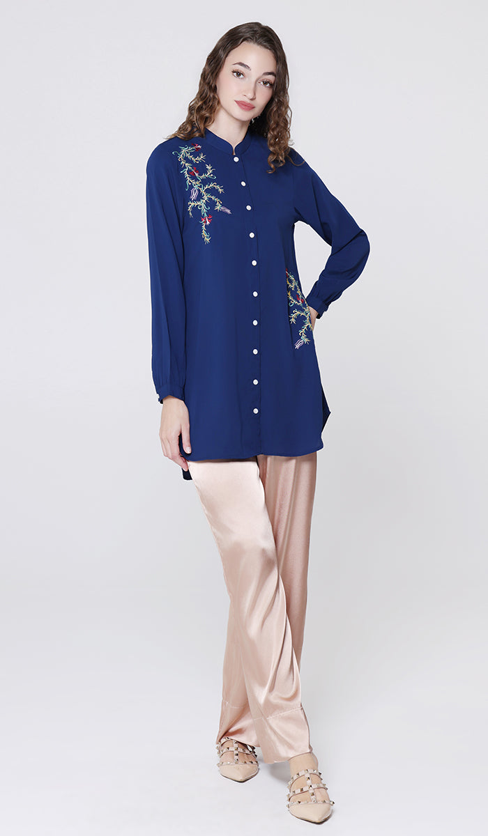Elif Embroidered Formal Long Modest Tunic - Sapphire - PREORDER (ships in 2 weeks)