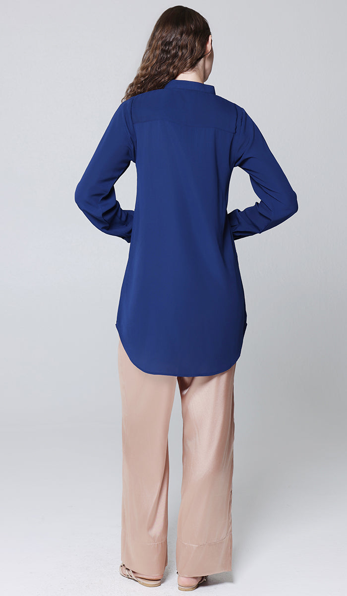 Elif Embroidered Formal Long Modest Tunic - Sapphire - PREORDER (ships in 2 weeks)
