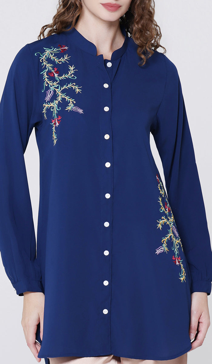 Elif Embroidered Formal Long Modest Tunic - Sapphire - PREORDER (ships in 2 weeks)