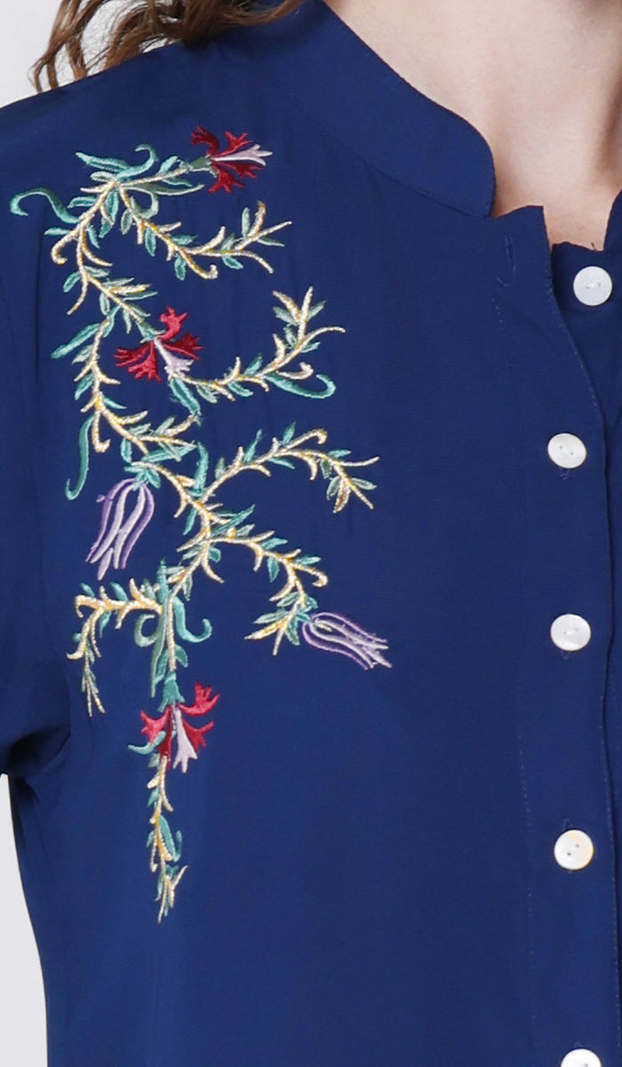 Elif Embroidered Formal Long Modest Tunic - Sapphire - PREORDER (ships in 2 weeks)