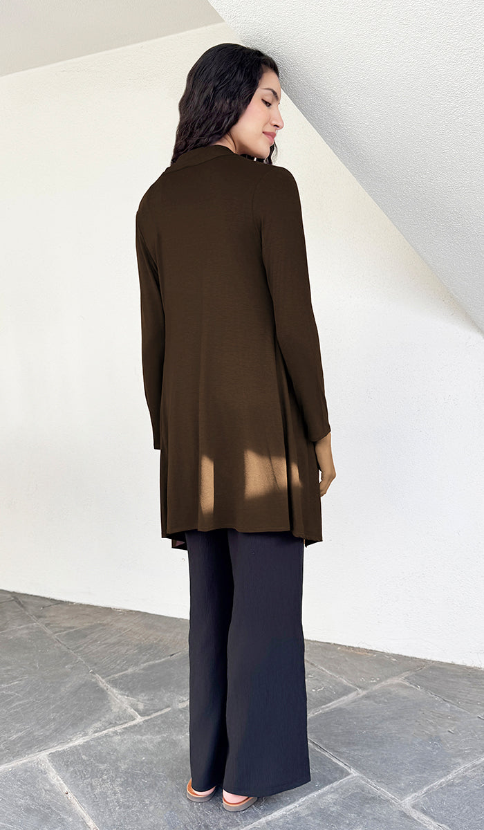 Elva Essential Light Longline Open-Front Cardigan - Cocoa