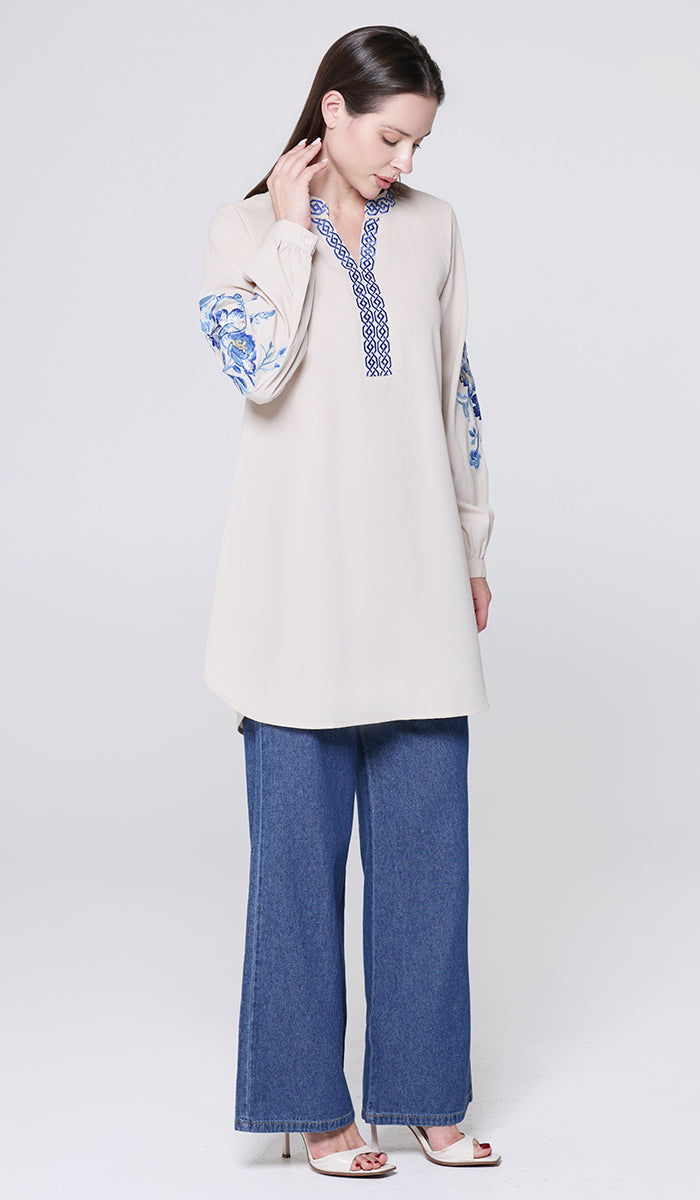 Esmine Embroidered Modest Cotton Feel Tunic - Almond - PREORDER (ships in 2 weeks)