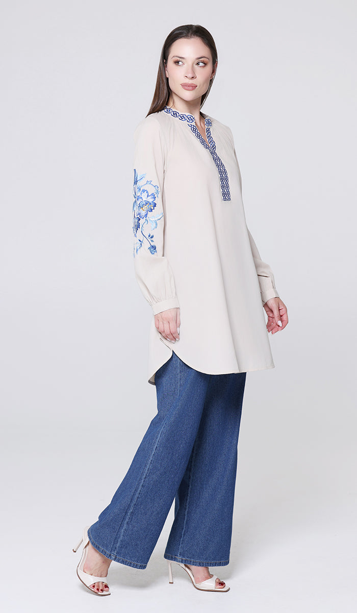 Esmine Embroidered Modest Cotton Feel Tunic - Almond - PREORDER (ships in 2 weeks)