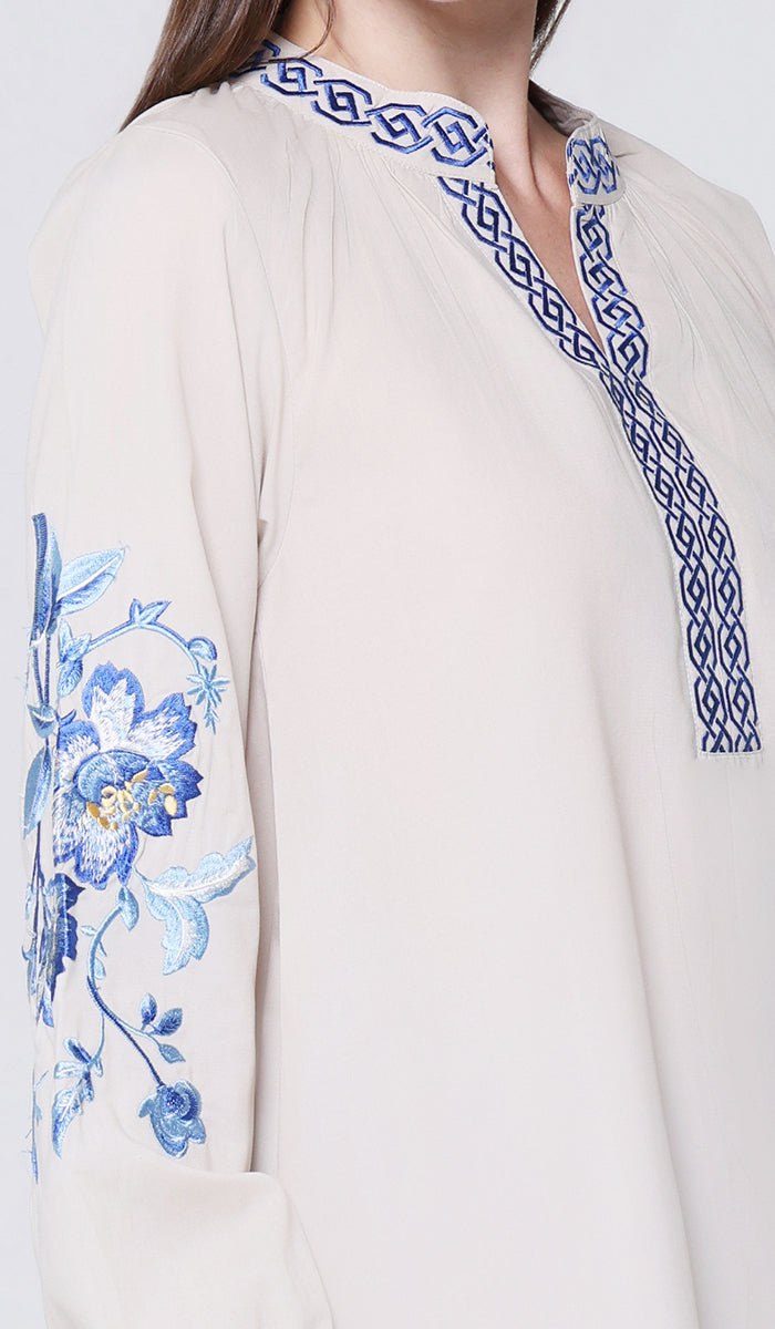 Esmine Embroidered Modest Cotton Feel Tunic - Almond - PREORDER (ships in 2 weeks)