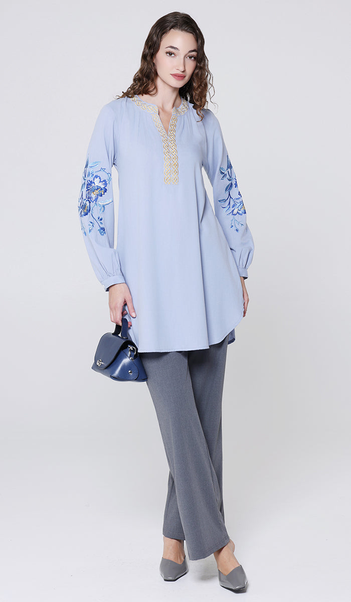 Esmine Embroidered Modest Cotton Feel Tunic - Dusty Blue - PREORDER (ships in 2 weeks)