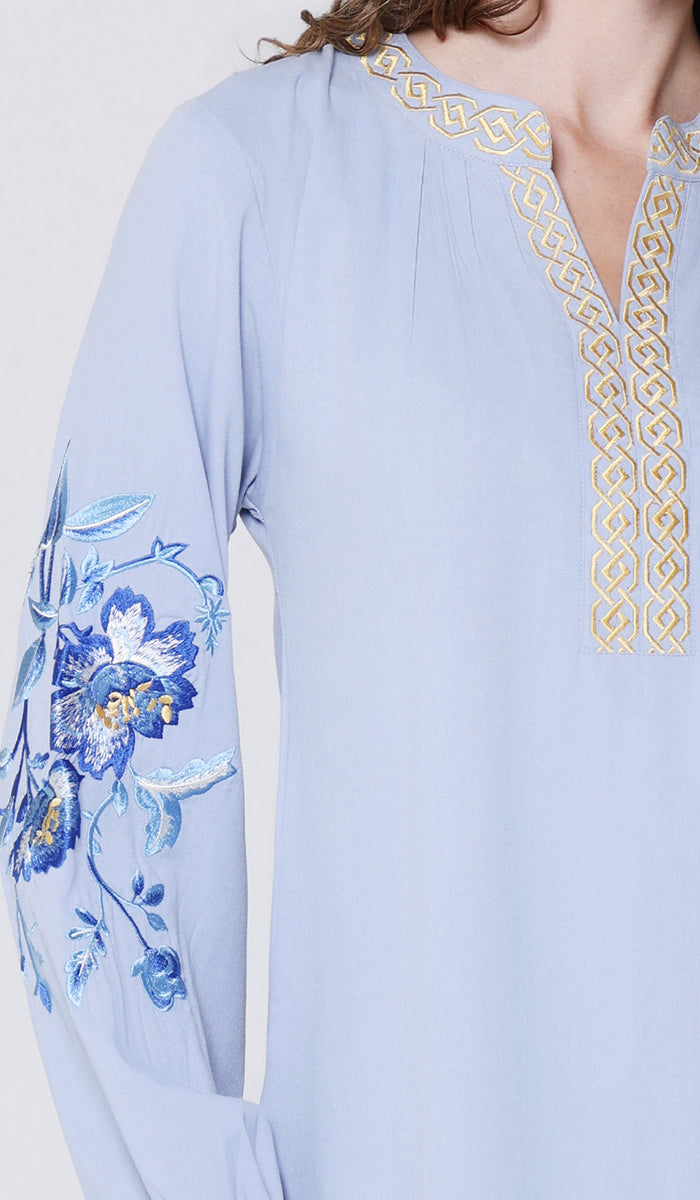 Esmine Embroidered Modest Cotton Feel Tunic - Dusty Blue - PREORDER (ships in 2 weeks)