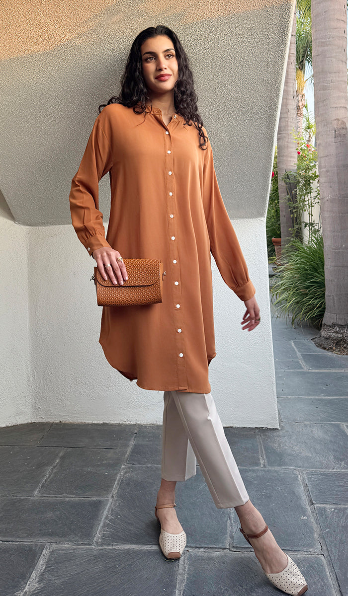 Fareen Long Flowy Buttondown Midi Tunic - Russett - PREORDER (ships in 2 weeks)