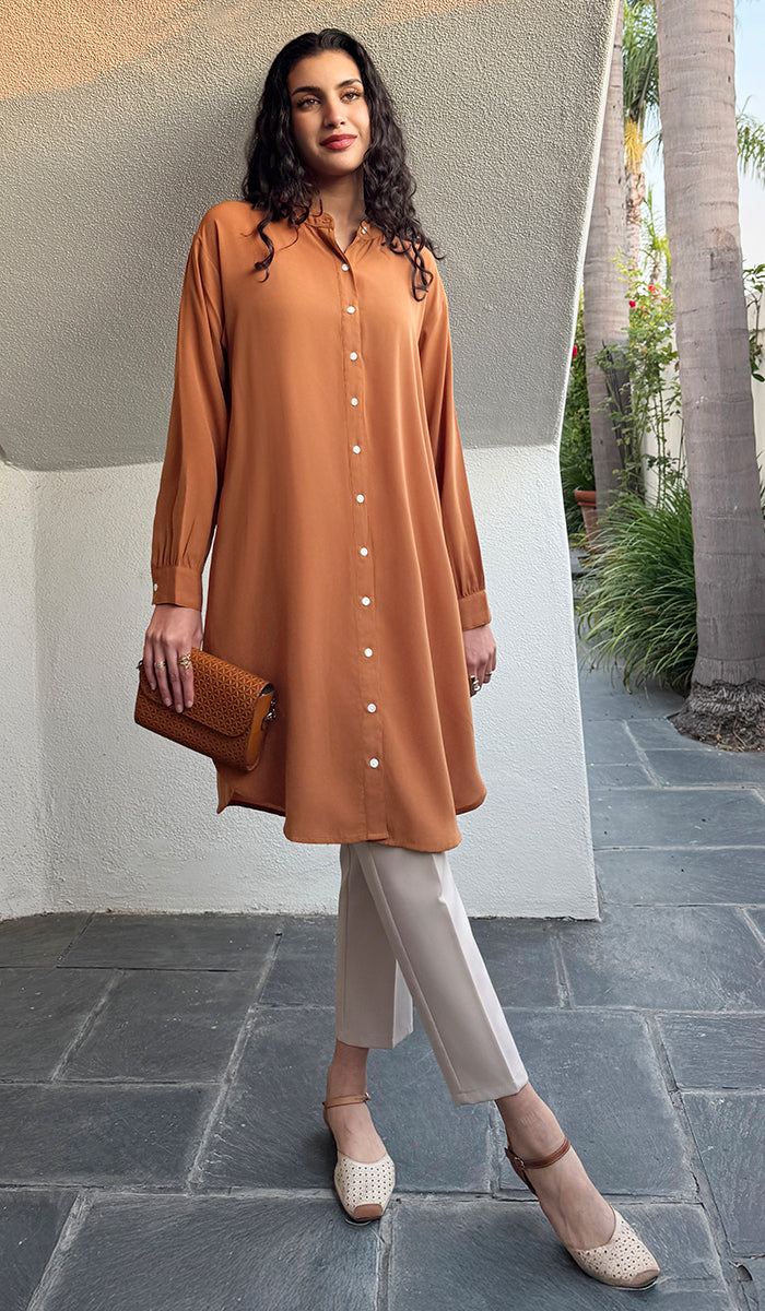 Fareen Long Flowy Buttondown Midi Tunic - Russett - PREORDER (ships in 2 weeks)