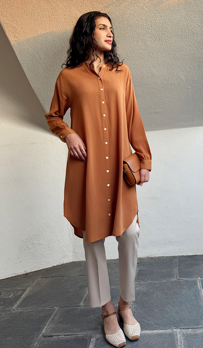 Fareen Long Flowy Buttondown Midi Tunic - Russett - PREORDER (ships in 2 weeks)