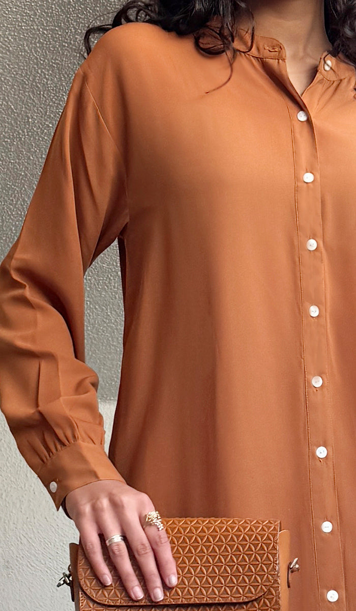 Fareen Long Flowy Buttondown Midi Tunic - Russett - PREORDER (ships in 2 weeks)