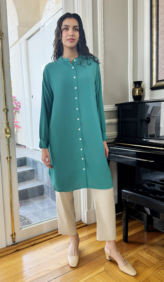 Farda - Veste chemise longue fluide boutonnée - Marine