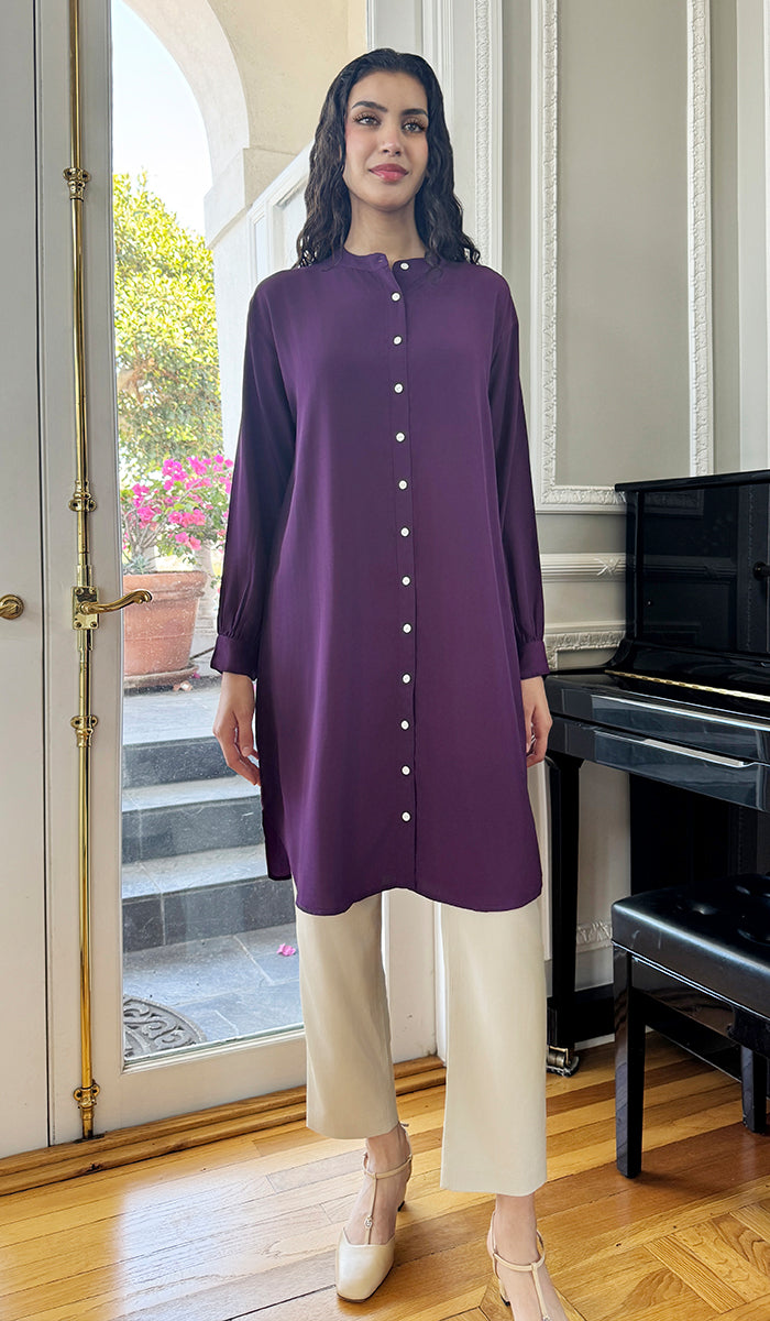 Farda - Veste chemise longue fluide boutonnée - Marine
