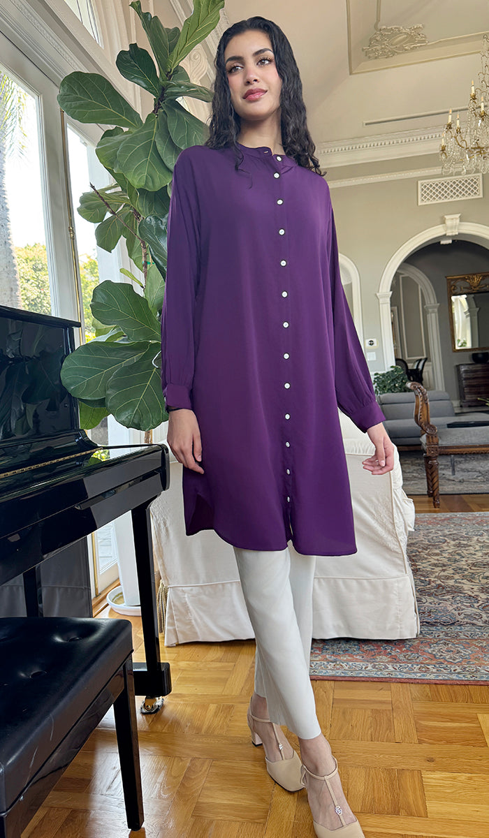 Farda - Veste chemise longue fluide boutonnée - Marine