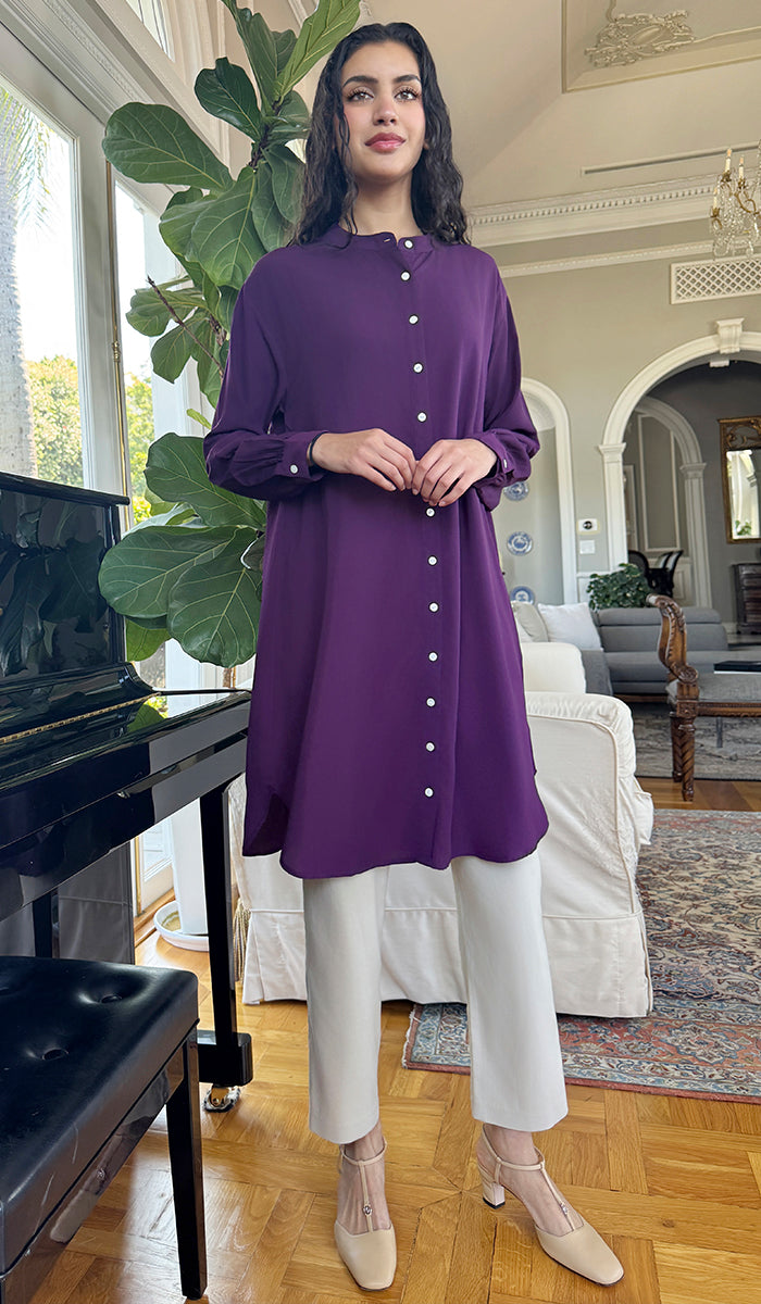 Farda - Veste chemise longue fluide boutonnée - Marine