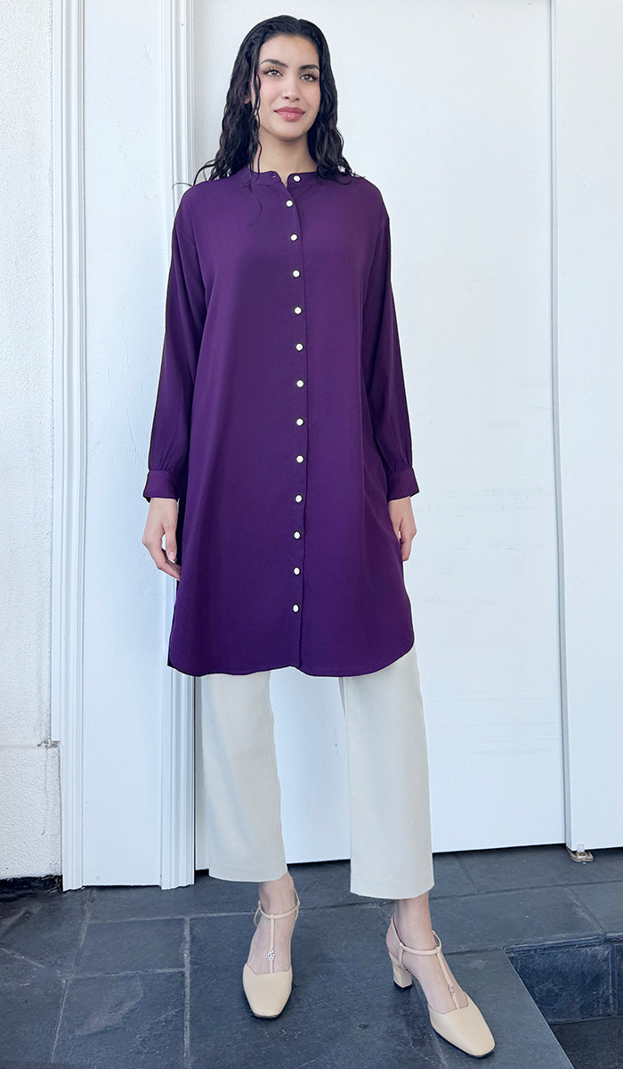 Farda - Veste chemise longue fluide boutonnée - Marine