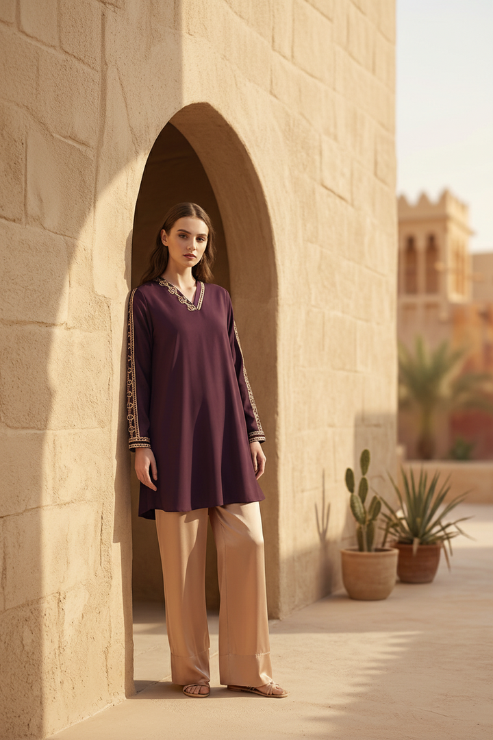 Gilda Embroidered Formal Modest Cotton Feel Tunic - Plum/Gold