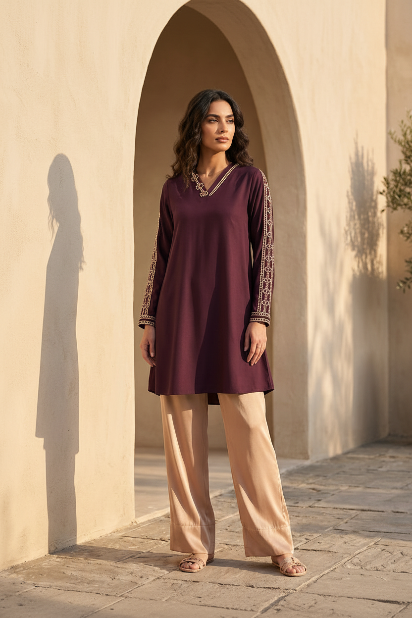 Woman wearing a maroon dress with gold embroidery in front of a beige wall.